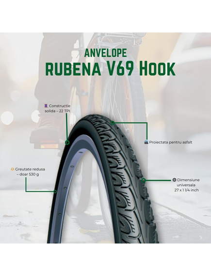 Anvelopa Bicicleta Rubena V69 Hook - 27 x 1-1/4 Inch, Negru
