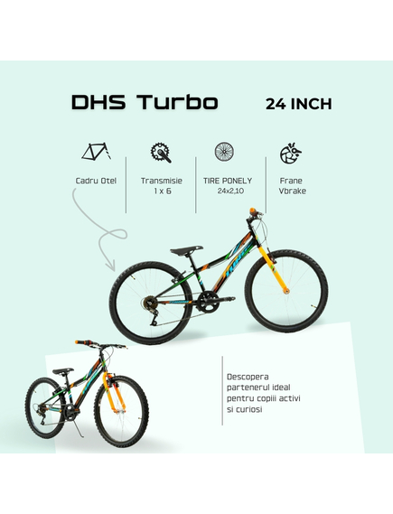 Bicicleta Copii DHS Turbo - 24 Inch, Negru-Portocaliu