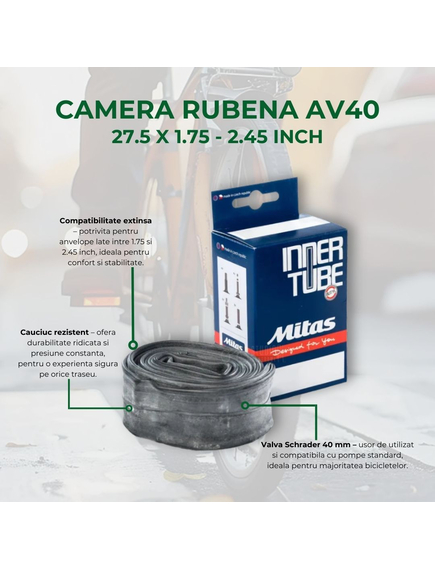 Camera Bicicleta Rubena Av40 - 27.5 x 1.75 - 2.45 Inch, Negru