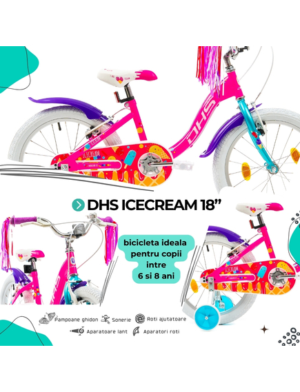 Bicicleta Copii DHS Icecream - 18 Inch, Roz