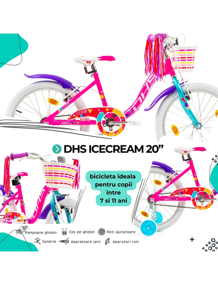 Bicicleta Copii DHS Icecream - 20 Inch, Roz Bicicleta Copii DHS Icecream - 20 Inch, Roz