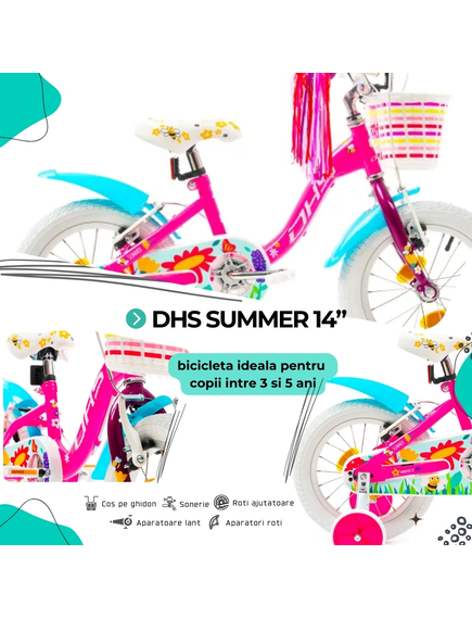 Bicicleta Copii DHS Summer - 14 Inch, Roz