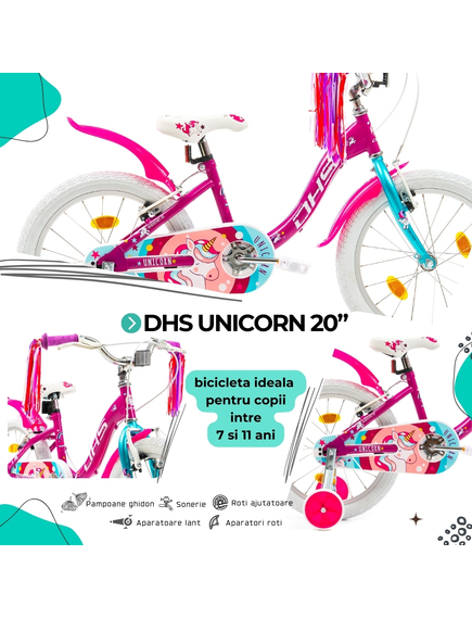 Bicicleta Copii DHS Unicorn - 20 Inch, Roz/Albastru