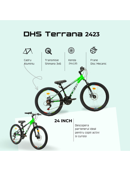 Bicicleta Copii Dhs Terrana 2423 - 24 Inch, Negru/Verde