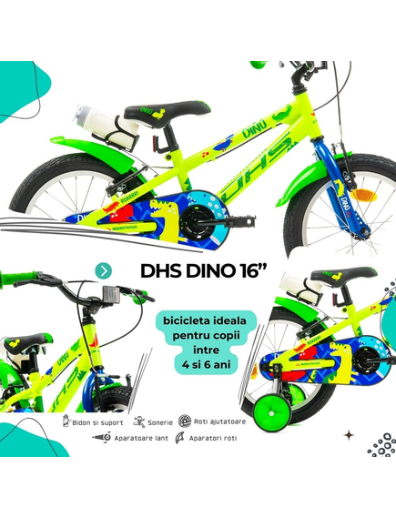 Bicicleta Copii DHS Dino - 16 Inch, Verde