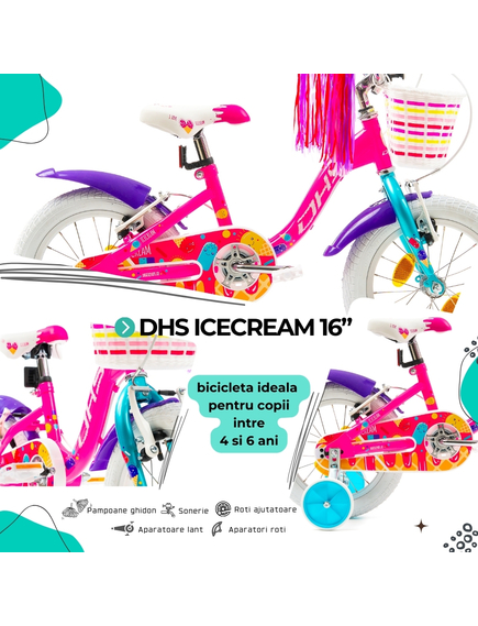Bicicleta Copii DHS Icecream - 16 Inch, Roz