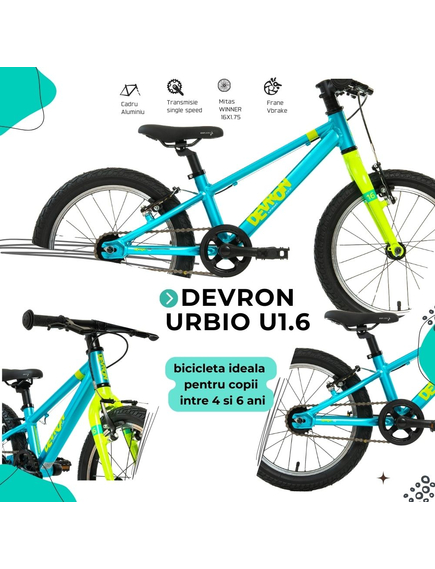 Bicicleta Copii Devron Urbio U1.6 Super Light - 16 Inch, Albastru-Verde
