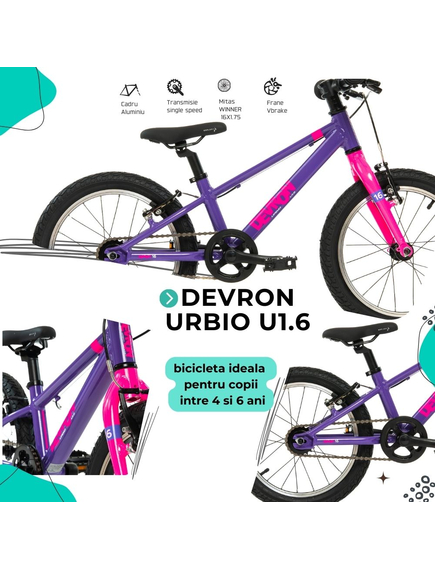 Bicicleta Copii Devron Urbio U1.6 Super Light - 16 Inch, Mov-Roz