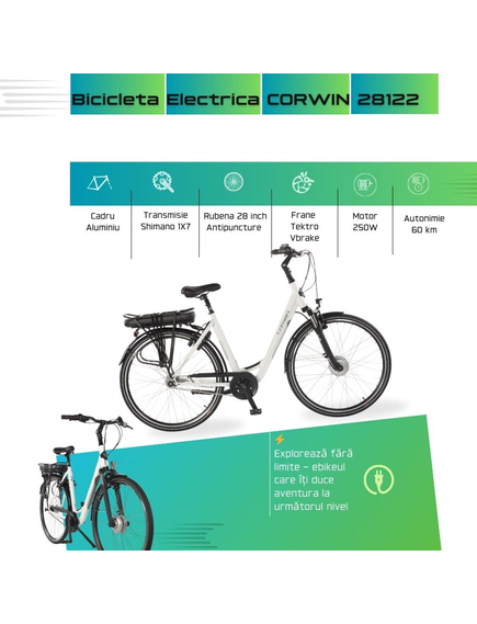 Bicicleta Electrica Corwin 28122 - 28 Inch, 530mm, Alb Bicicleta Electrica Corwin 28122 - 28 Inch, 530mm, Alb