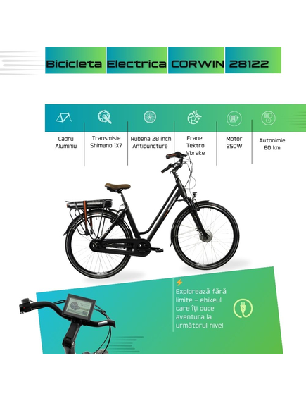 Bicicleta Electrica Corwin 28122 - 28 Inch, 530mm, Negru