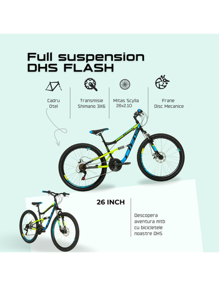 Bicicleta Full suspension DHS Flash - 26 Inch, Negru