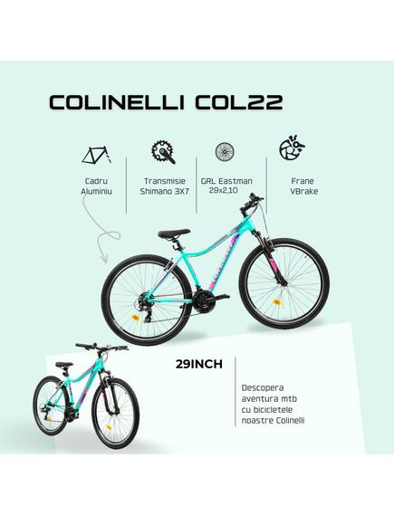 Bicicleta MTB Colinelli COL22, Marimea M, 29 inch, Turcoaz, Schimbator Shimano, 21 Viteze, Cadru Aluminiu, Frane V - Brake
