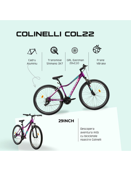Bicicleta MTB Colinelli COL22, Marimea S, 29 inch, Violet, Schimbator Shimano, 21 Viteze, Cadru Aluminiu, Frane V - Brake