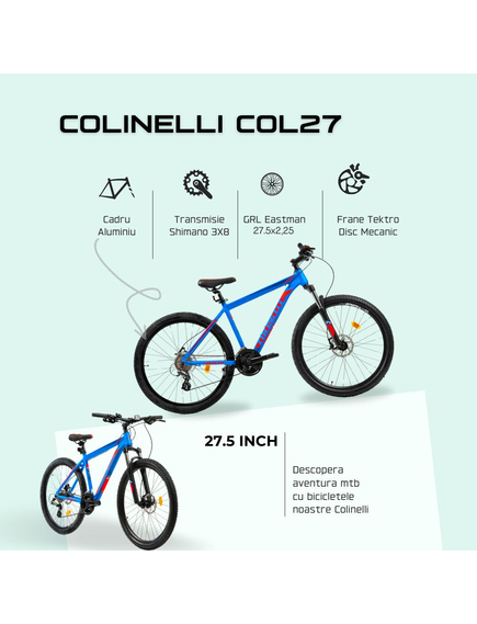 Bicicleta MTB Colinelli COL27, Marimea M, 27.5 inch, Albastru, Schimbator Shimano Altus, 24 Viteze, Cadru Aluminiu, Frane pe Disc