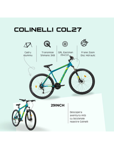Bicicleta MTB Colinelli COL27, Marimea M, 29 inch, Verde, Schimbator Shimano Altus, 24 Viteze, Cadru Aluminiu, Frane pe Disc Bicicleta MTB Colinelli COL27, Marimea M, 29 inch, Verde, Schimbator Shimano Altus, 24 Viteze, Cadru Aluminiu, Frane pe Disc