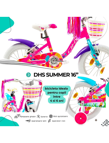 Bicicleta Copii DHS Summer - 16 Inch, Roz