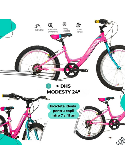 Bicicleta Copii DHS Modesty - 24 Inch, Roz