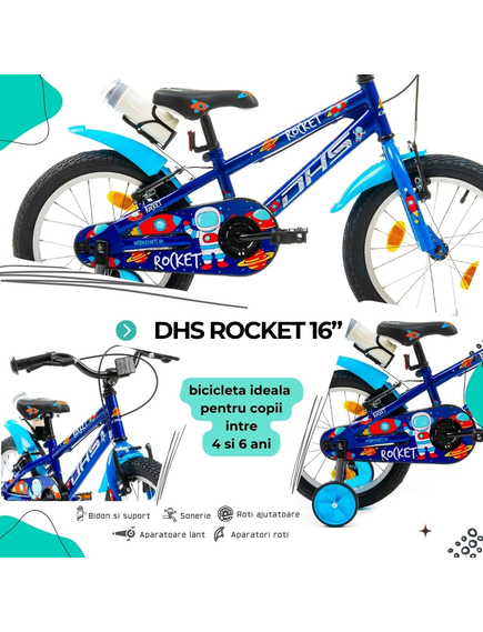 Bicicleta Copii DHS Rocket - 16 Inch, Albastru
