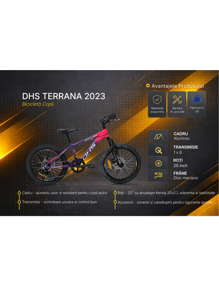 Bicicleta Copii Dhs Terrana 2023, model 2026 - 20 Inch, Violet-Roz