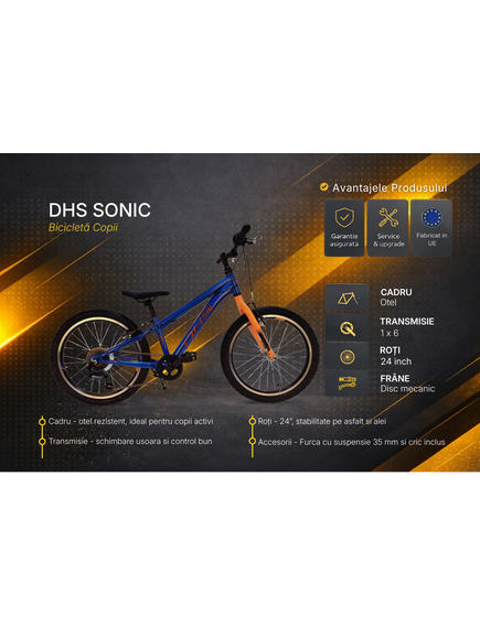 Bicicleta Copii DHS Sonic - 20 Inch, Albastru-Portocaliu