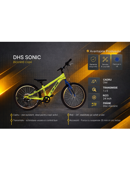 Bicicleta Copii DHS Sonic - 20 inch, Galben-Albastru