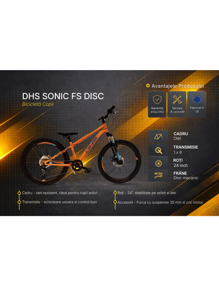 Bicicleta Copii DHS Sonic FS Disc - 24 inch, Portocaliu
