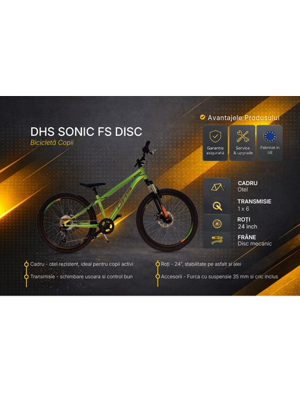 Bicicleta Copii DHS Sonic FS Disc - 24 inch, Verde