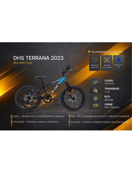 Bicicleta Copii Dhs Terrana 2023, model 2026 - 20 Inch, Negru-Albastru