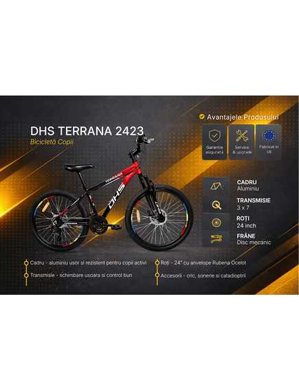 Bicicleta Copii Dhs Terrana 2423, model 2026 - 24 Inch, Rosu-Negru