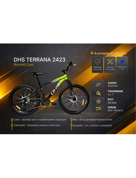 Bicicleta Copii Dhs Terrana 2423, model 2026 - 24 Inch, Verde-Negru