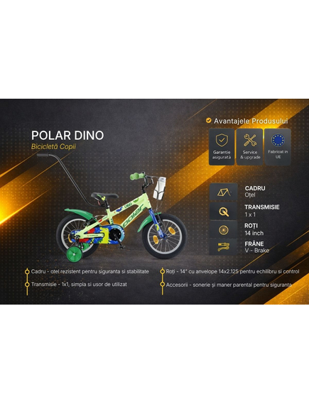 Bicicleta Copii Polar 2024 Dino - 14 Inch, Verde