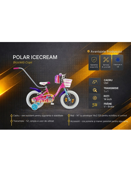 Bicicleta Copii Polar 2024 IceCream - 14 Inch, Roz