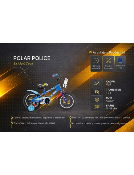 Bicicleta Copii Polar 2024 Police - 14 Inch, Albastru