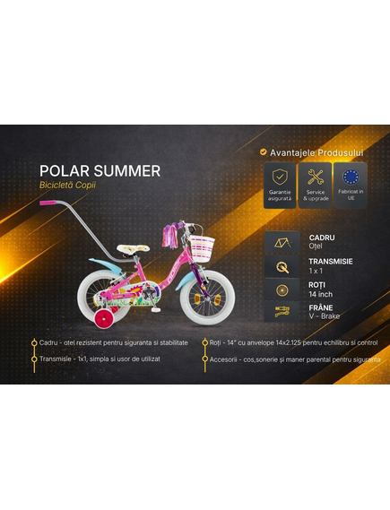 Bicicleta Copii Polar 2024 Summer - 14 Inch, Roz-Albastru