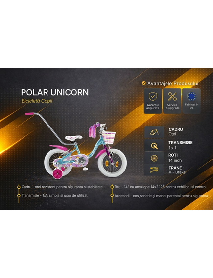 Bicicleta Copii Polar 2024 Unicorn baby - 14 Inch, Albastru-Roz