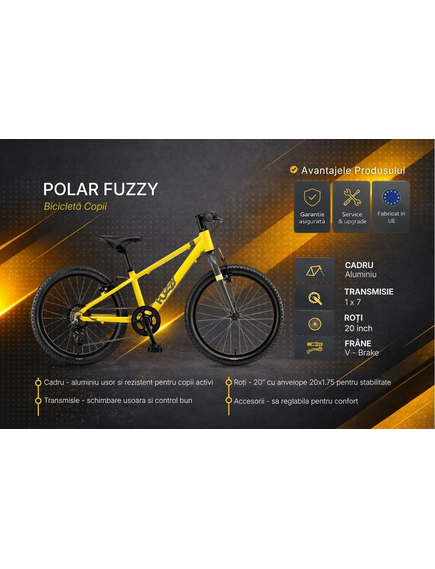 Bicicleta Copii Polar Fuzzy - 20 Inch, Galben
