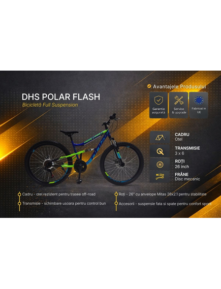 Bicicleta Full suspension DHS Polar Flash - 26 Inch, Albastru-Verde