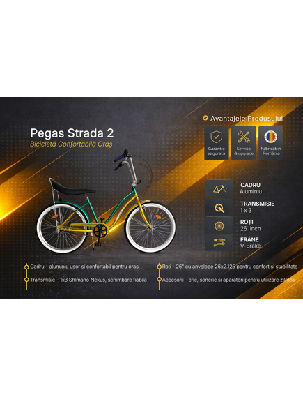 Bicicleta Oras Pegas Strada 2 - 26 inch, M, Auriu/Verde
