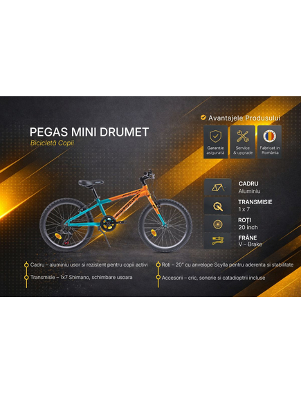 Bicicleta copii Pegas Mini Drumet - 20 inch, Portocaliu/Turcoaz