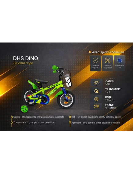 Bicicleta Copii DHS Dino - 12 Inch, Verde