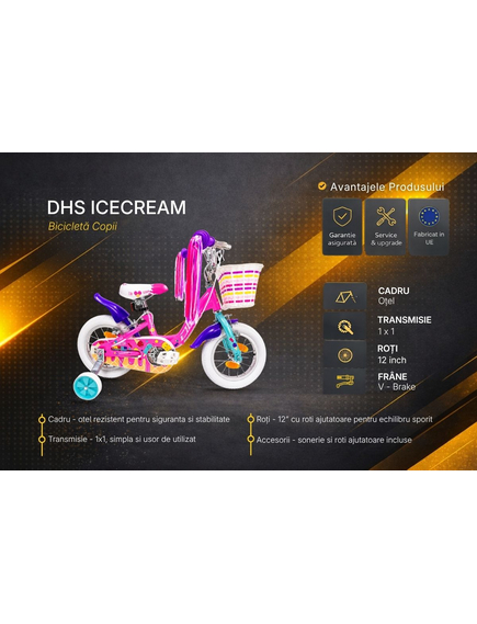 Bicicleta Copii DHS Icecream - 12 Inch, Roz