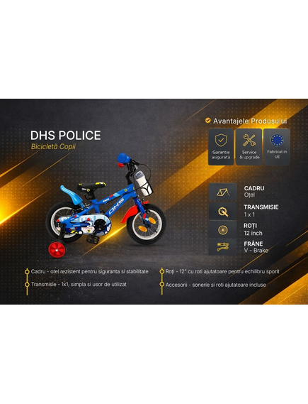 Bicicleta Copii DHS Police - 12 Inch, Albastru