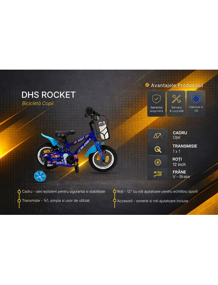 Bicicleta Copii DHS Rocket - 12 Inch, Albastru inchis