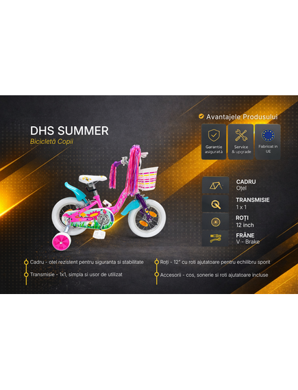 Bicicleta Copii DHS Summer - 12 Inch, Roz/Albastru