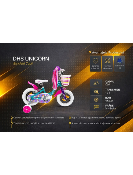 Bicicleta Copii DHS Unicorn - 12 Inch, Albastru/Roz