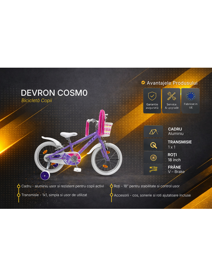 Bicicleta Copii Devron Cosmo - 18 Inch, Mov