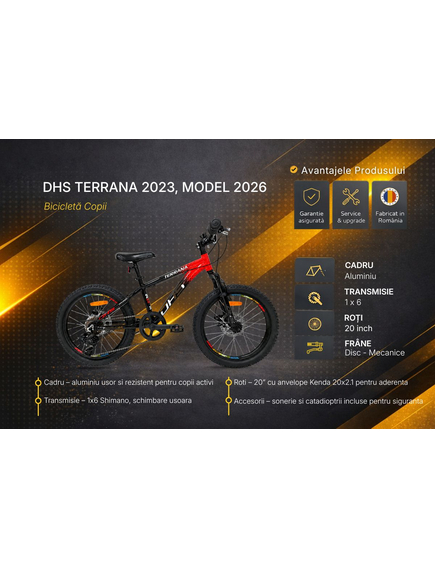 Bicicleta Copii Dhs Terrana 2023, model 2026 - 20 Inch, Rosu-Negru