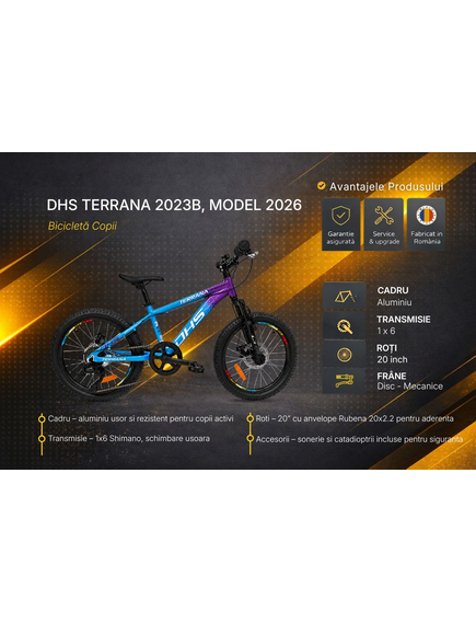Bicicleta Copii Dhs Terrana 2023B, model 2026 - 20 Inch, Albastru-Violet