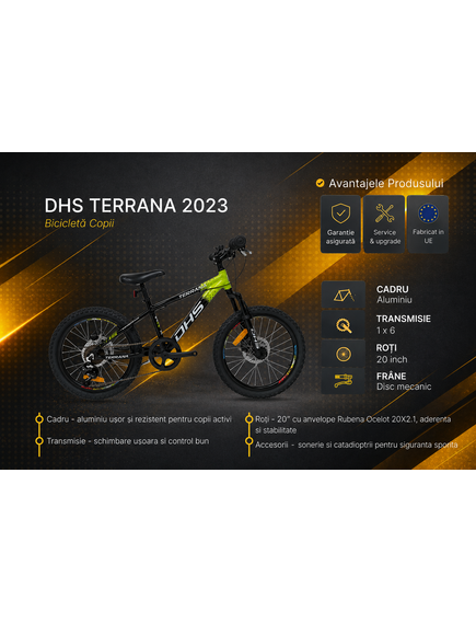 Bicicleta Copii Dhs Terrana 2023B, model 2026 - 20 Inch, Negru-Verde