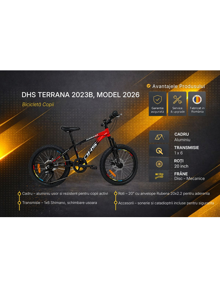 Bicicleta Copii Dhs Terrana 2023B, model 2026 - 20 Inch, Rosu-Negru